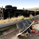 a truck lying on its side after its brakes failed
